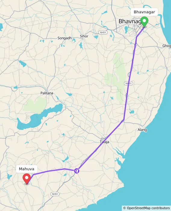 Route map showing distance and travel time from Bhavnagar, India to Mahuva, India