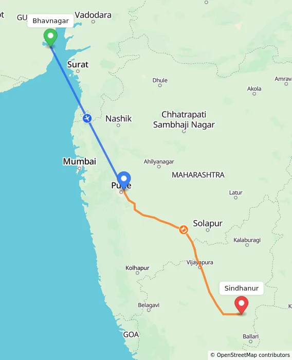 Route map showing distance and travel time from Bhavnagar, India to Sindhanur, India