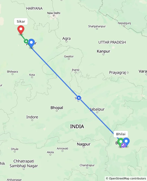 Route map showing distance and travel time from Bhilai, India to Sikar, India