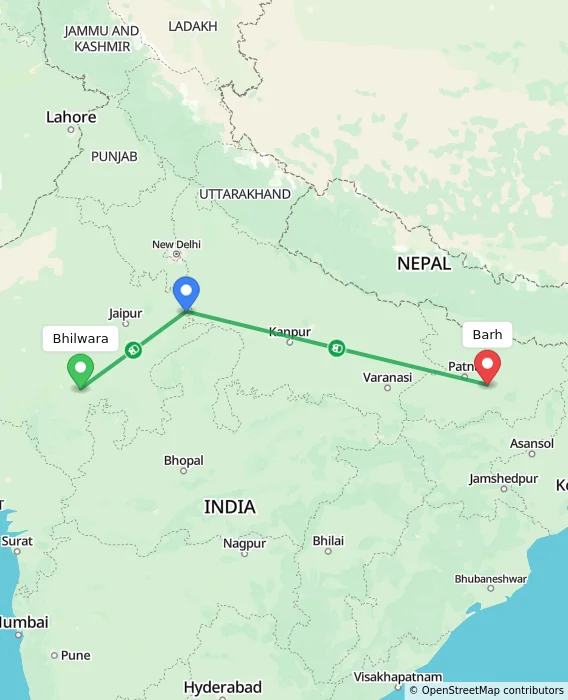 Route map showing distance and travel time from Bhilwara, India to Barh, India