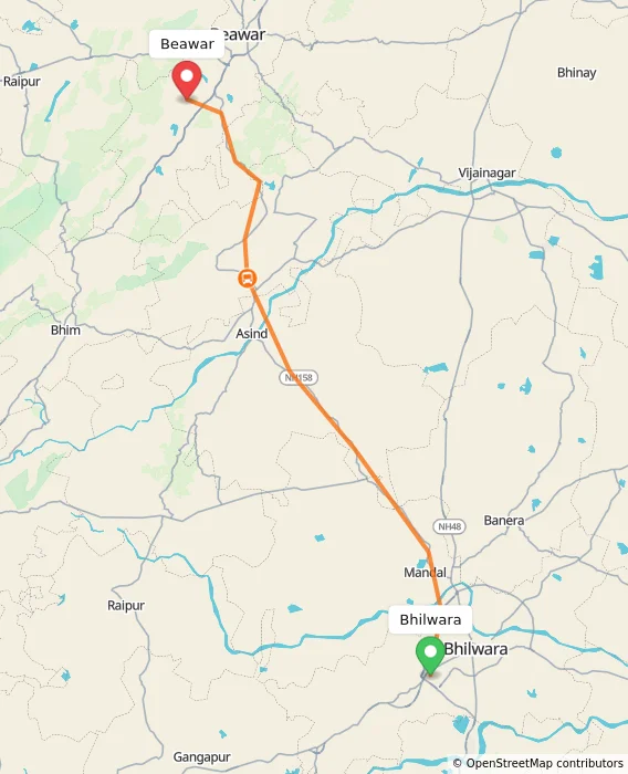 Route map showing distance and travel time from Bhilwara, India to Beawar, India