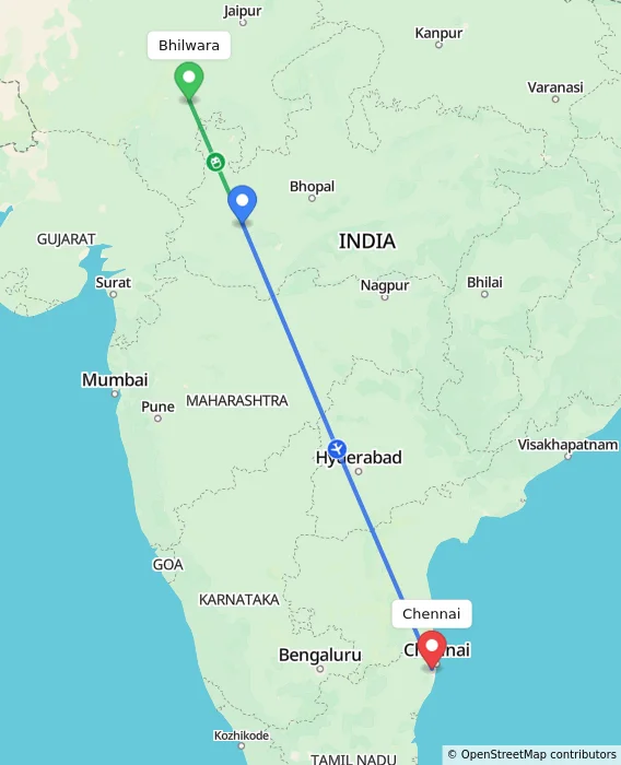 Route map showing distance and travel time from Bhilwara, India to Chennai, India