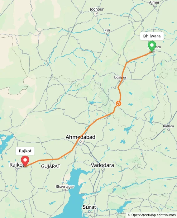 Route map showing distance and travel time from Bhilwara, India to Rajkot, India
