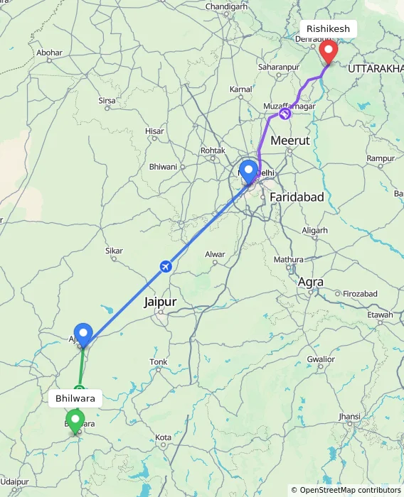 Route map showing distance and travel time from Bhilwara, India to Rishikesh, India