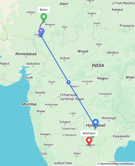 Route map showing distance and travel time from Bhim, India to Alampur, India