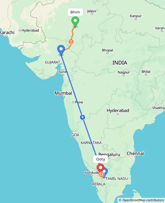Route map showing distance and travel time from Bhim, India to Ooty, India