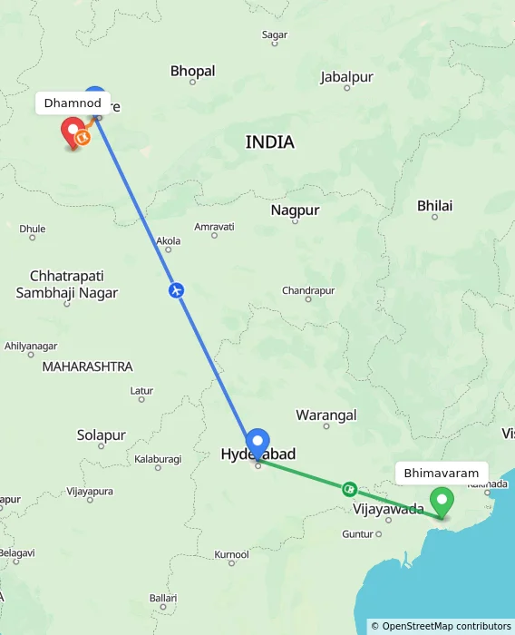 Route map showing distance and travel time from Bhimavaram, India to Dhamnod, India