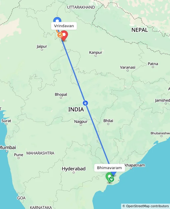 Route map showing distance and travel time from Bhimavaram, India to Vrindavan, India