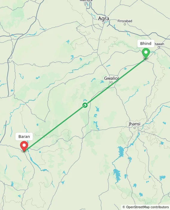 Route map showing distance and travel time from Bhind, India to Baran, India
