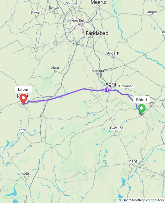 Route map showing distance and travel time from Bhind, India to Jaipur, India