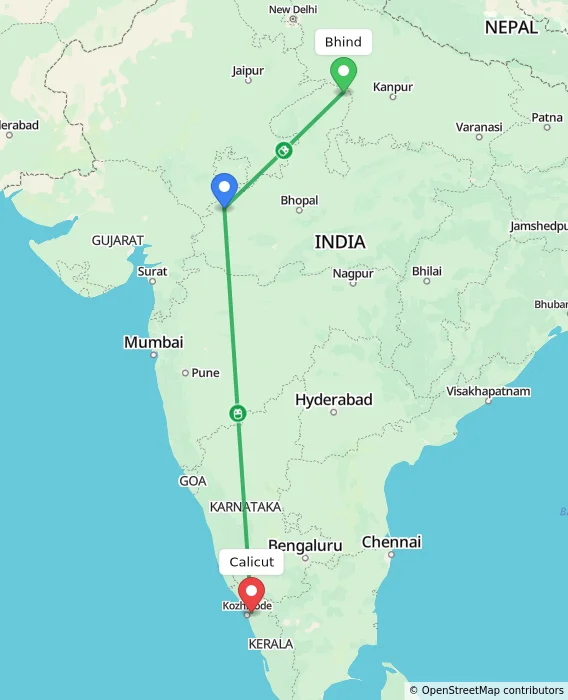 Route map showing distance and travel time from Bhind, India to Kozhikode, India