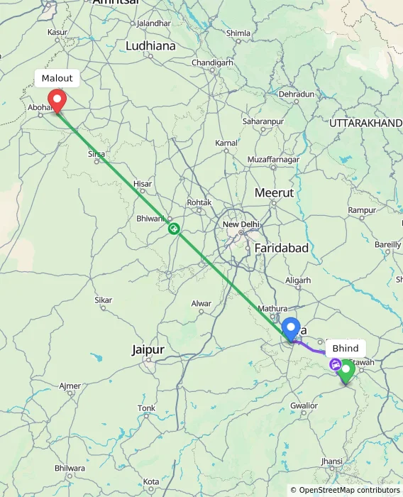 Route map showing distance and travel time from Bhind, India to Malout, India