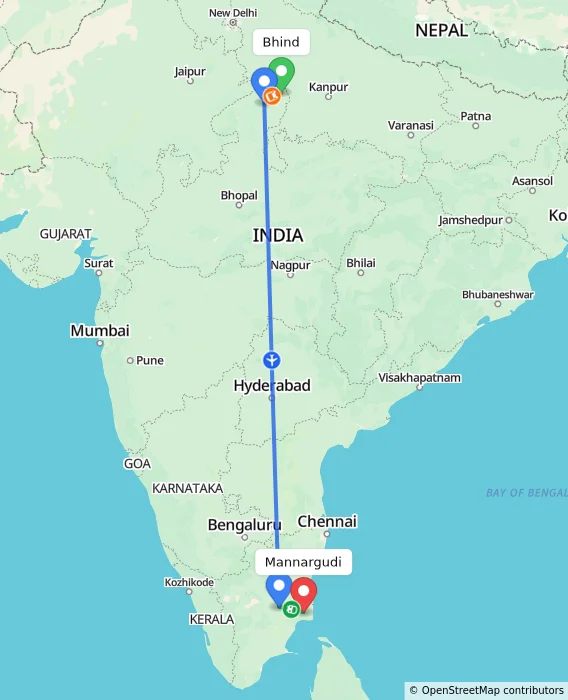 Route map showing distance and travel time from Bhind, India to Mannargudi, India
