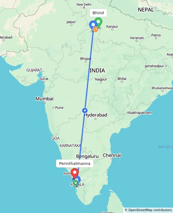 Route map showing distance and travel time from Bhind, India to Perinthalmanna, India