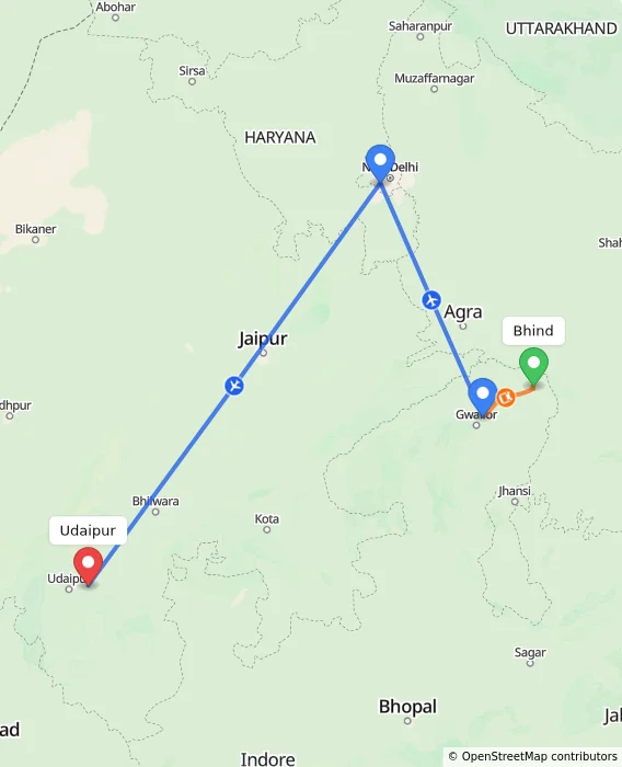 Route map showing distance and travel time from Bhind, India to Udaipur, India