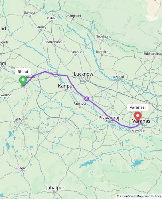 Route map showing distance and travel time from Bhind, India to Varanasi, India