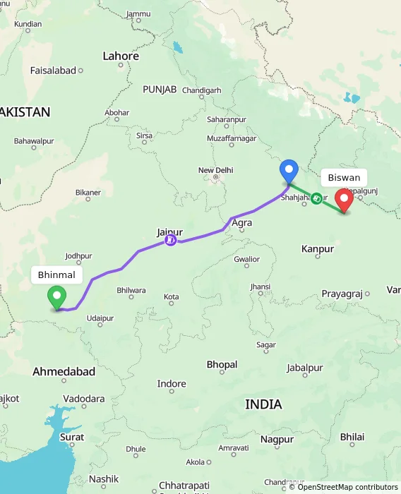Route map showing distance and travel time from Bhinmal, India to Biswan, India