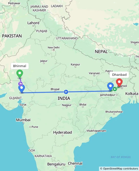 Route map showing distance and travel time from Bhinmal, India to Dhanbad, India