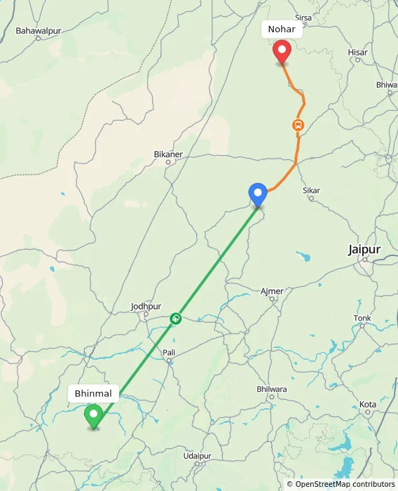 Route map showing distance and travel time from Bhinmal, India to Nohar, India