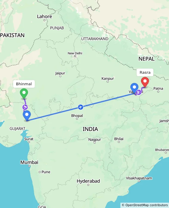 Route map showing distance and travel time from Bhinmal, India to Rasra, India