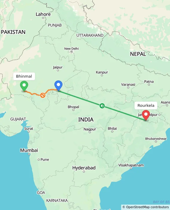 Route map showing distance and travel time from Bhinmal, India to Rourkela, India