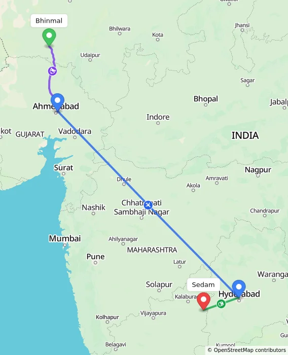 Route map showing distance and travel time from Bhinmal, India to Sedam, India