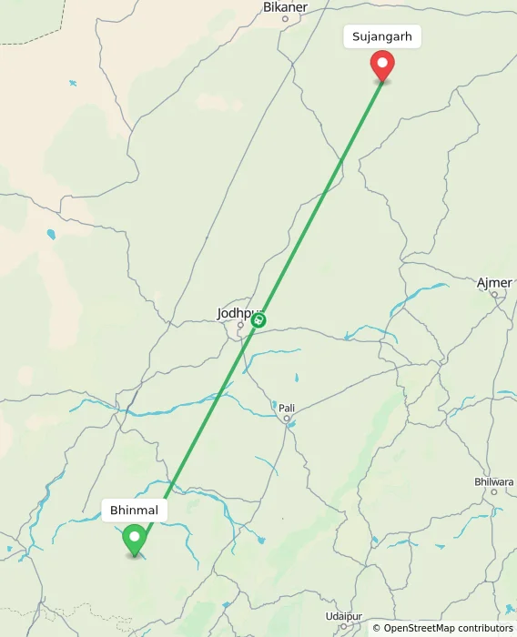 Route map showing distance and travel time from Bhinmal, India to Sujangarh, India