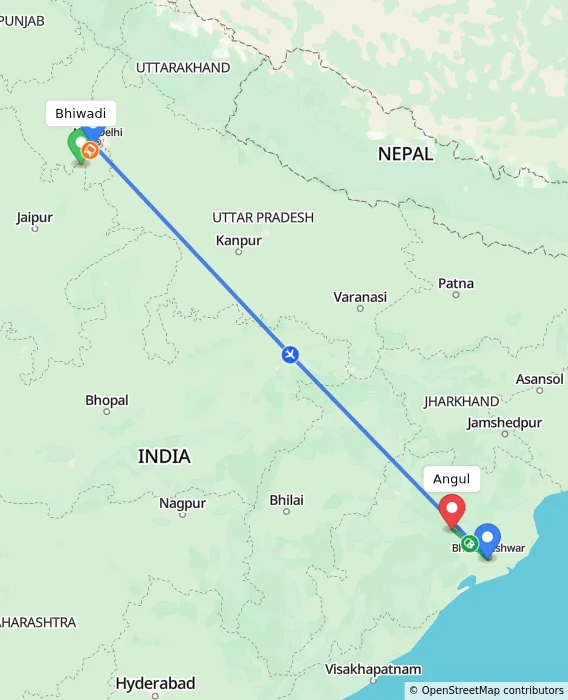 Route map showing distance and travel time from Bhiwadi, India to Angul, India