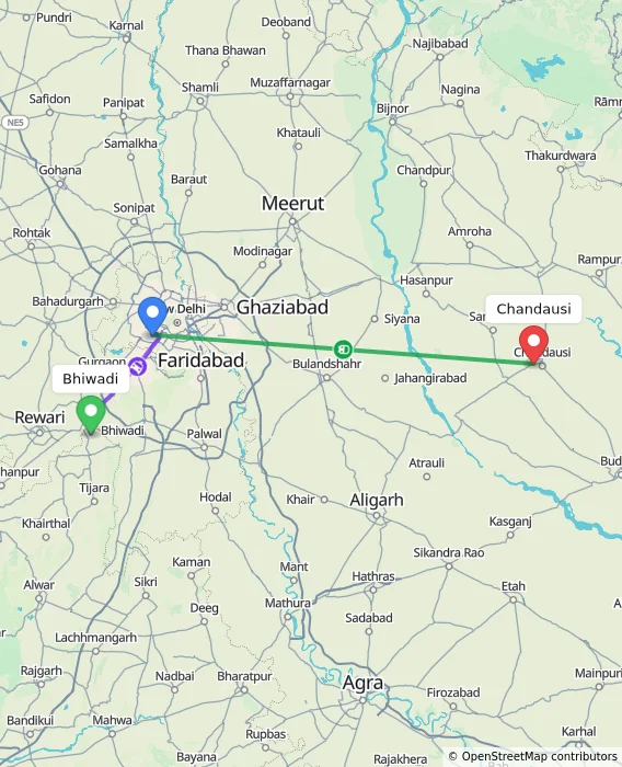 Route map showing distance and travel time from Bhiwadi, India to Chandausi, India