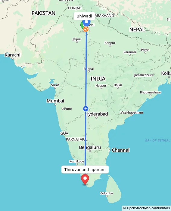 Route map showing distance and travel time from Bhiwadi, India to Thiruvananthapuram, India