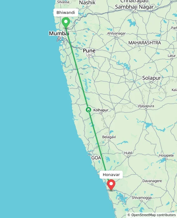 Route map showing distance and travel time from Bhiwandi, India to Honavar, India