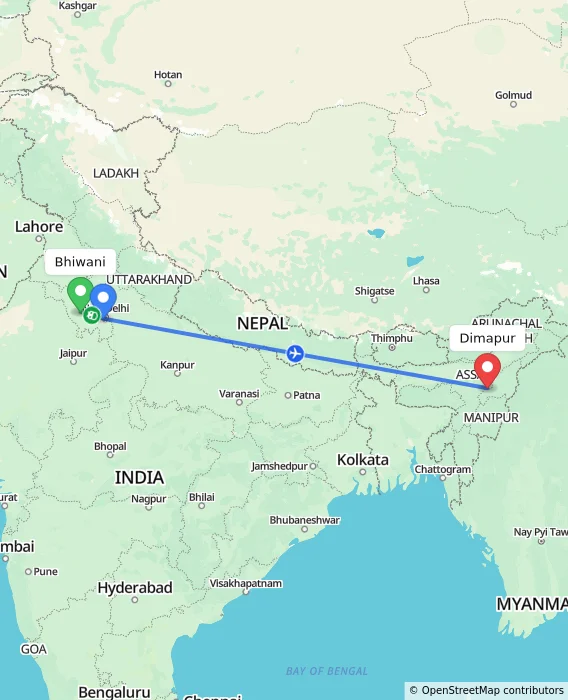 Route map showing distance and travel time from Bhiwani, India to Dimapur, India