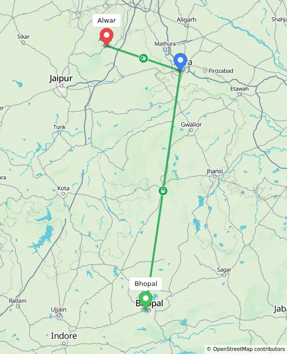Route map showing distance and travel time from Bhopal, India to Alwar, India