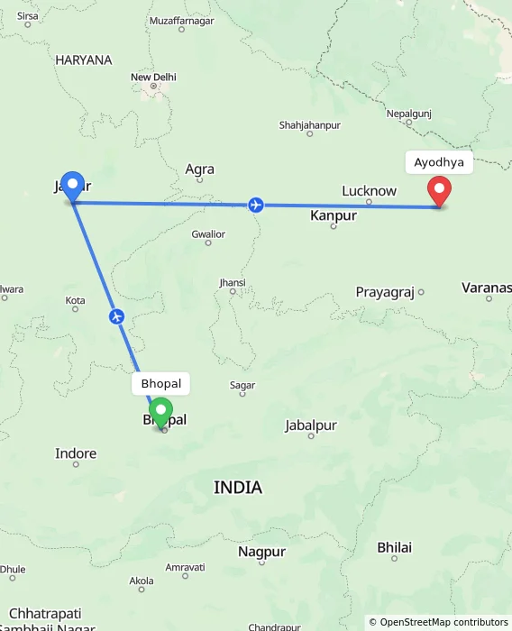 Route map showing distance and travel time from Bhopal, India to Ayodhya, India