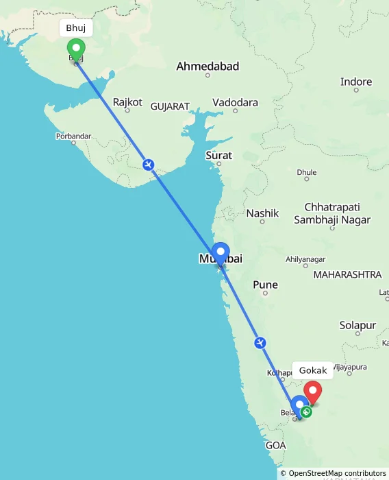 Route map showing distance and travel time from Bhuj, India to Gokak, India