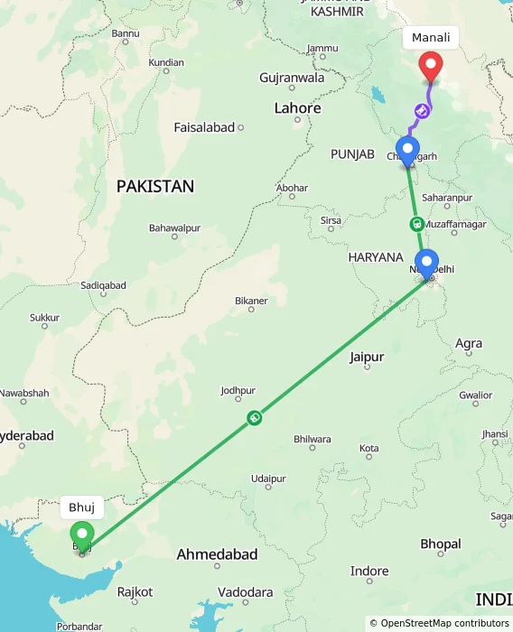 Route map showing distance and travel time from Bhuj, India to Manali, India