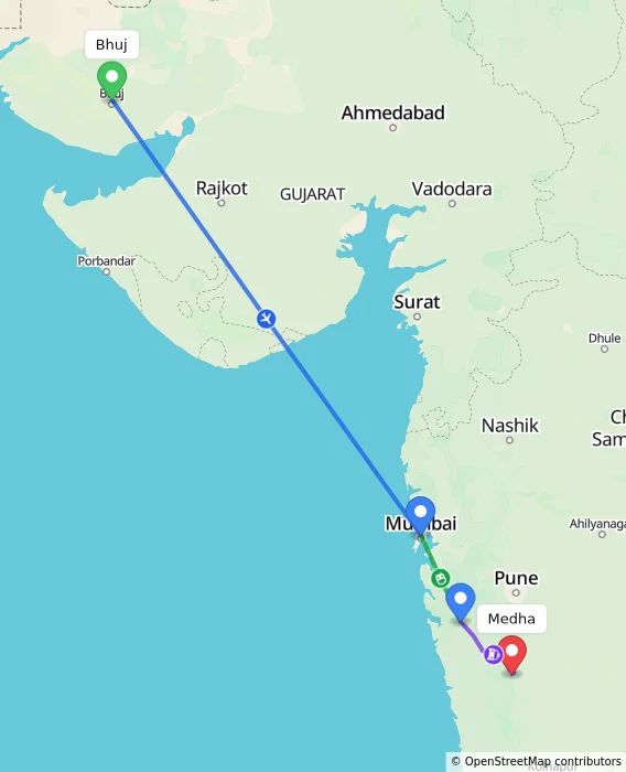 Route map showing distance and travel time from Bhuj, India to Medha, India