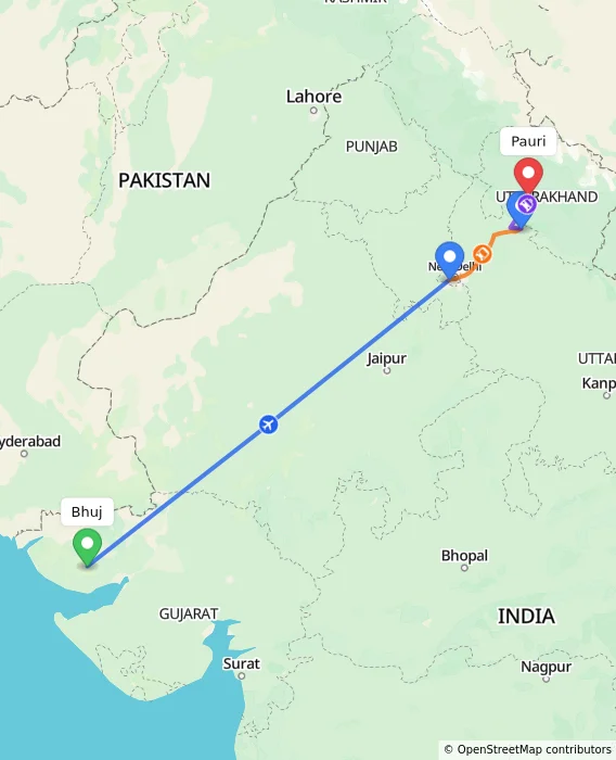 Route map showing distance and travel time from Bhuj, India to Pauri, India