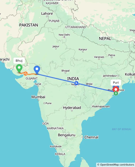 Route map showing distance and travel time from Bhuj, India to Puri, India