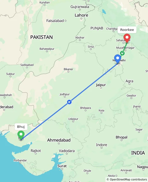 Route map showing distance and travel time from Bhuj, India to Roorkee, India