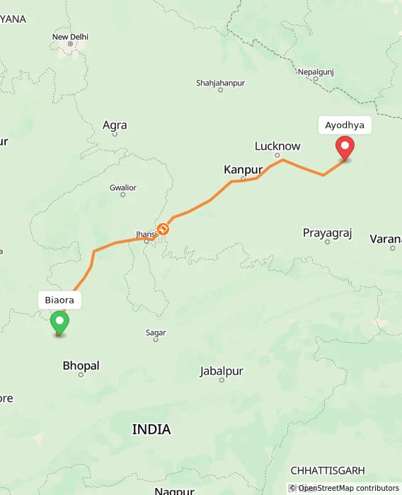 Route map showing distance and travel time from Biaora, India to Ayodhya, India