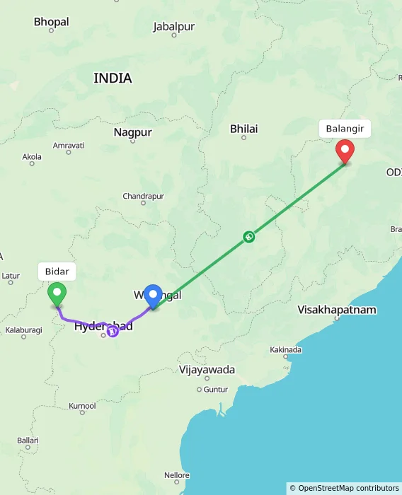 Route map showing distance and travel time from Bidar, India to Balangir, India