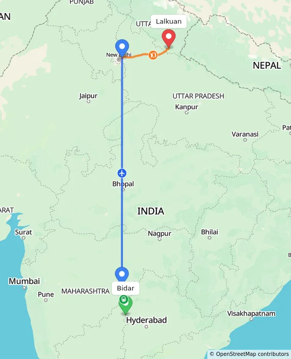 Route map showing distance and travel time from Bidar, India to Lalkuan, India