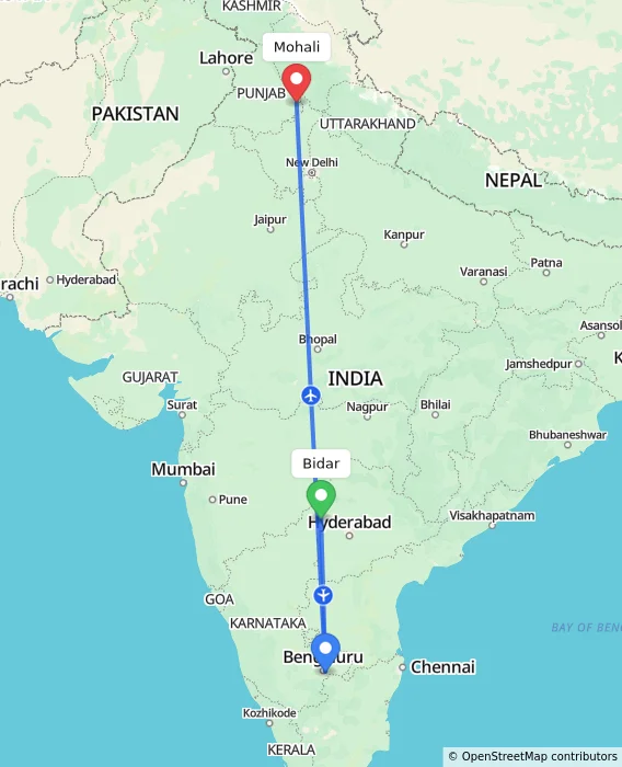Route map showing distance and travel time from Bidar, India to Mohali, India