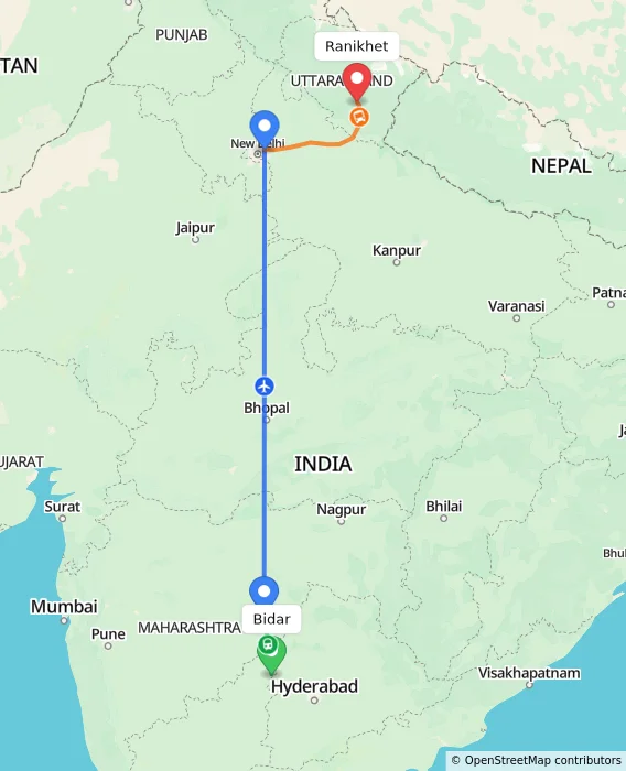 Route map showing distance and travel time from Bidar, India to Ranikhet, India