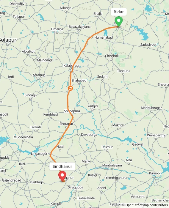 Route map showing distance and travel time from Bidar, India to Sindhanur, India