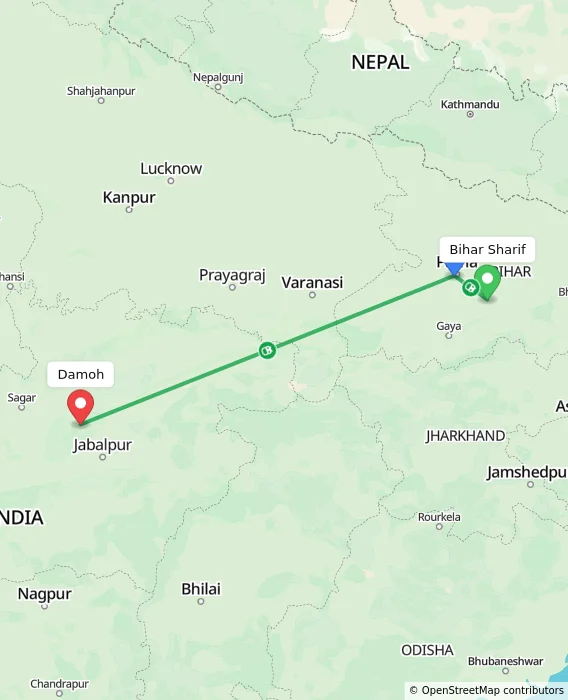Route map showing distance and travel time from Bihar Sharif, India to Damoh, India