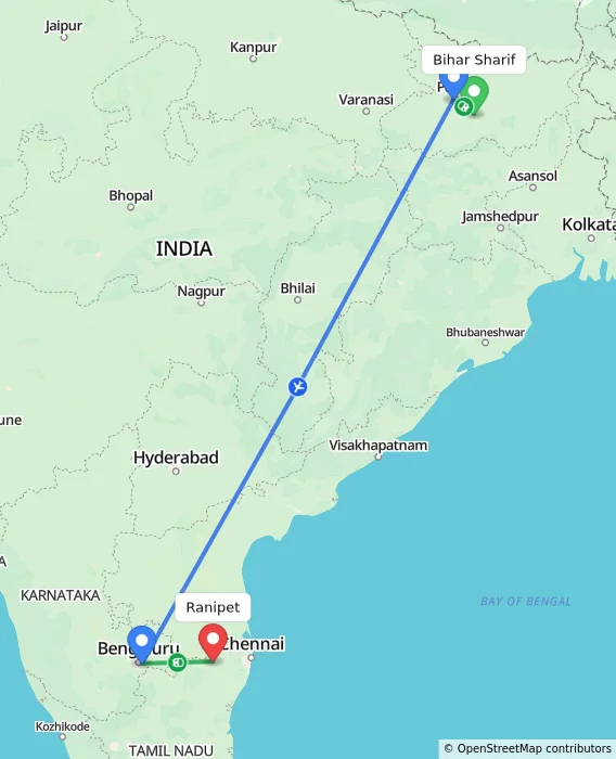 Route map showing distance and travel time from Bihar Sharif, India to Ranipet, India