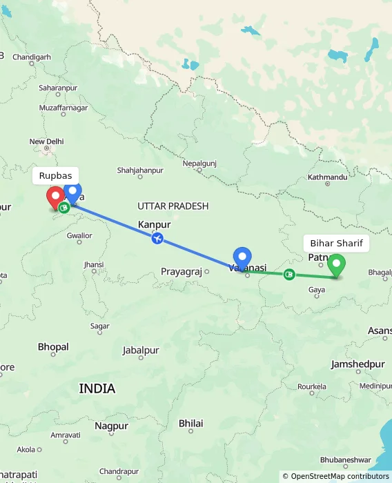 Route map showing distance and travel time from Bihar Sharif, India to Rupbas, India