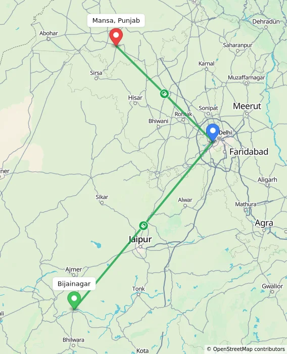 Route map showing distance and travel time from Bijainagar, India to Mansa, Punjab, India